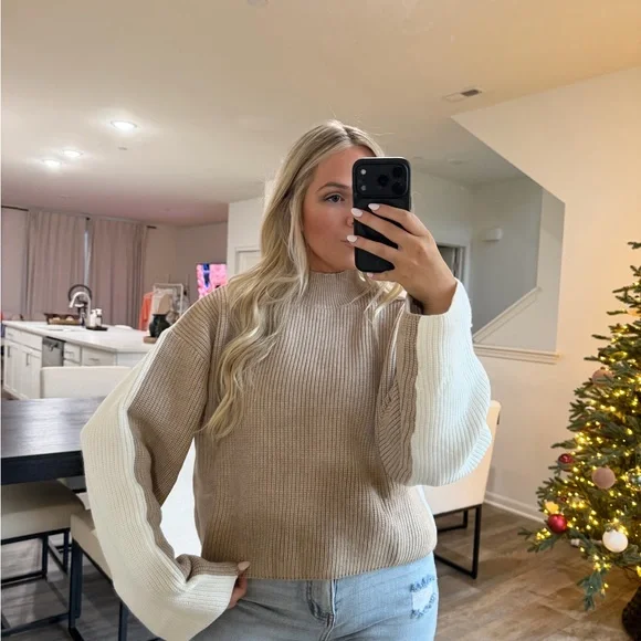 Chic Tan and Cream Women's Turtleneck Sweater - Picture 8 of 12